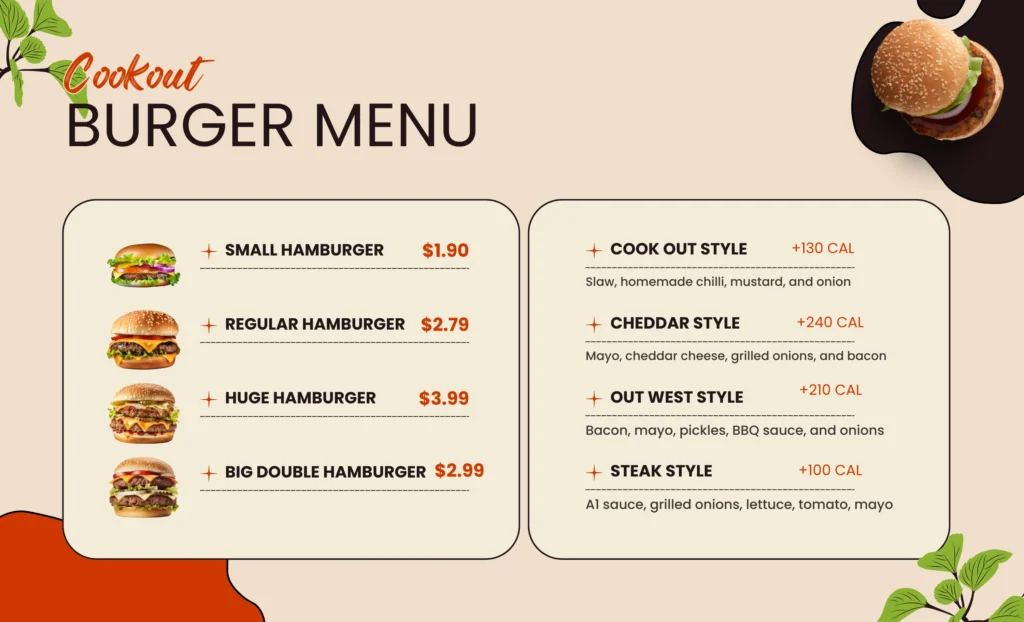 Cookout Burger Menu