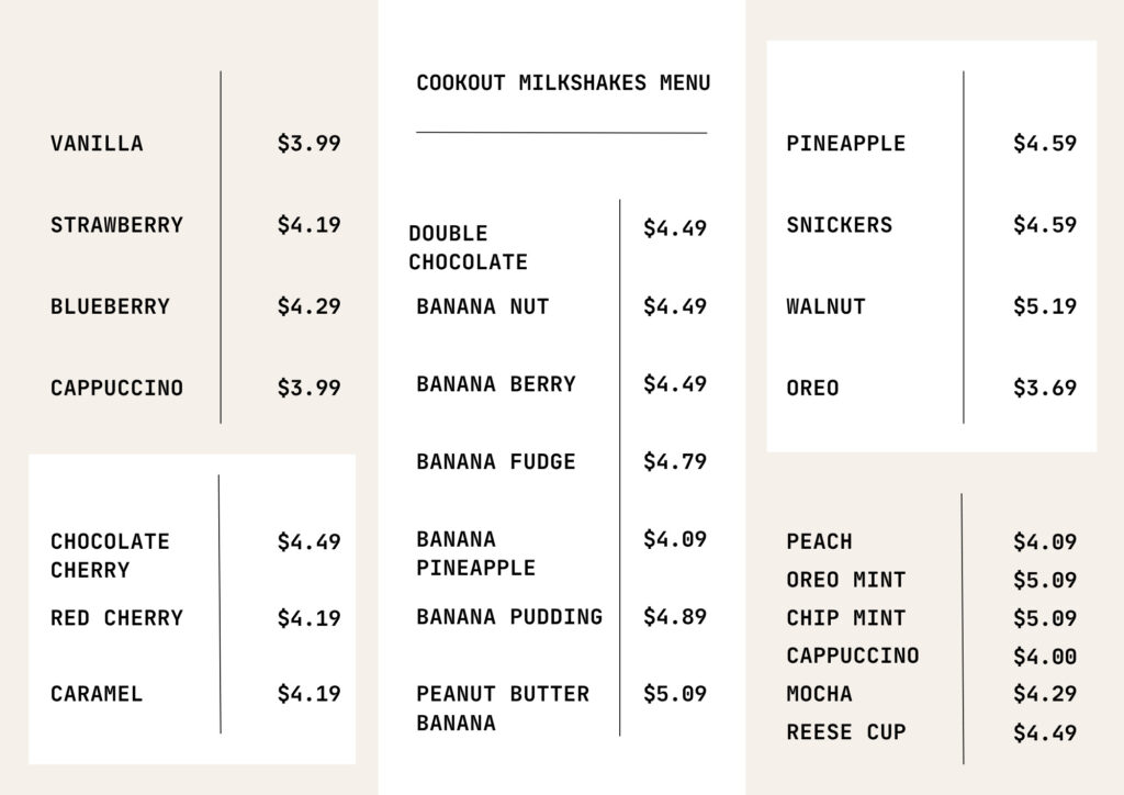 Cookout Milkshakes Menu